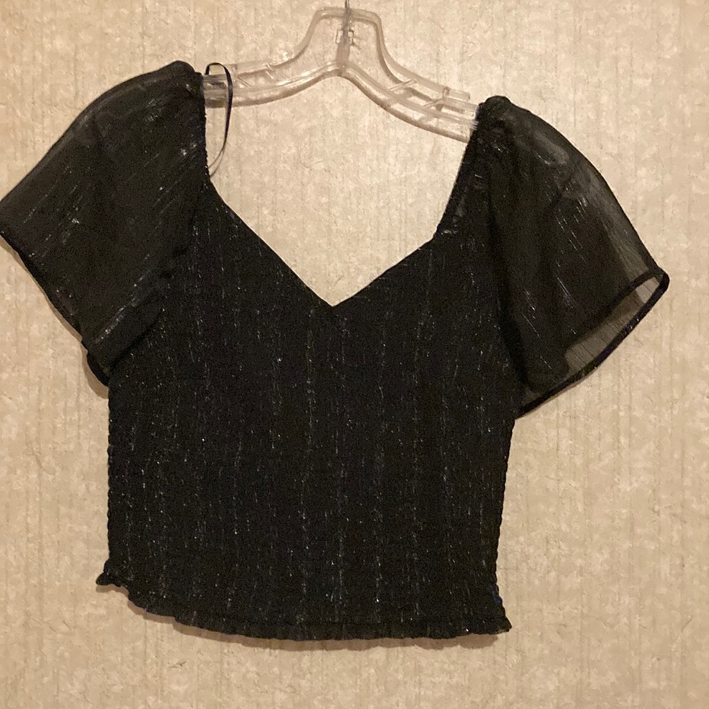 JAPNA Black Metallic short sleeve crop top